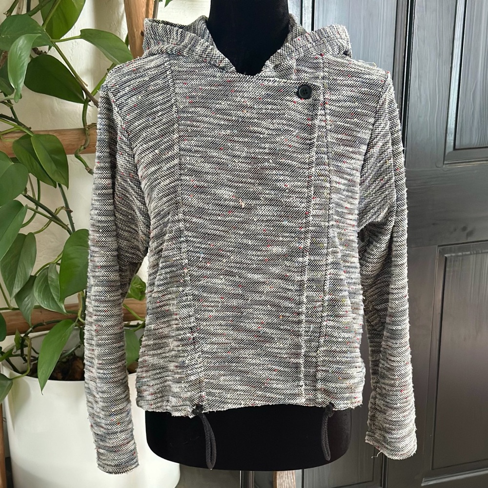 Jack BB Dakota Confetti Bouclé Knit Drape Front Hoodie Gray Drawstring Scandi XS